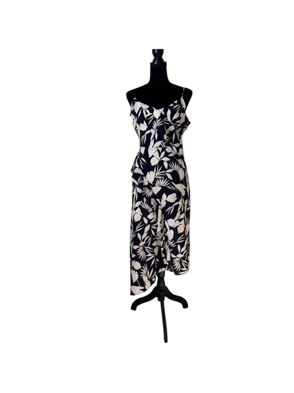 Banana Republic palm floral navy cream asymmetrical hem spaghetti strap dress 14